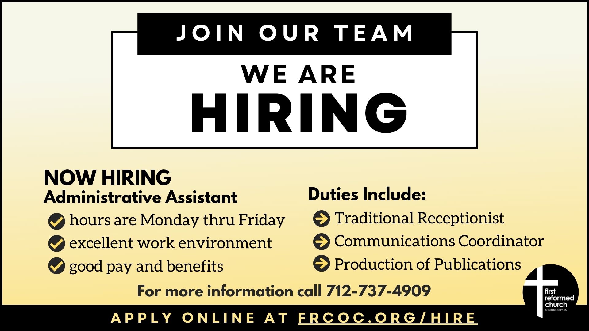 We Are Hiring! First Reformed Church, Orange City, Iowa