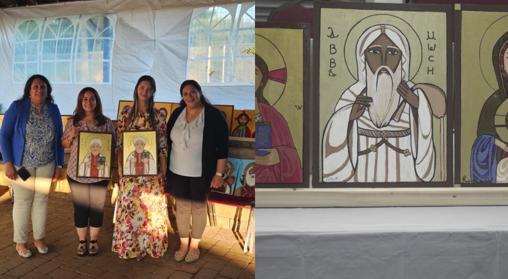 Coptic art class with participants and finished iconography artwork