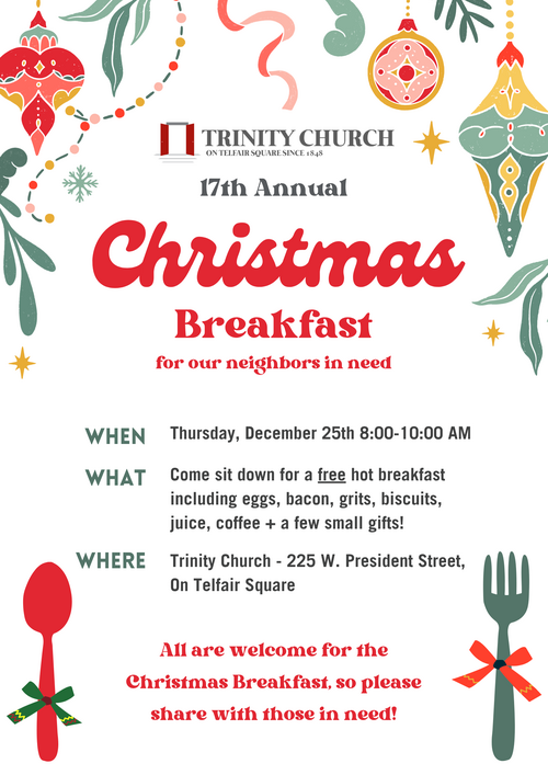 poster for the Christmas breakfast at Trinity Church, from 8 to 10 am on December 25th, for those in need