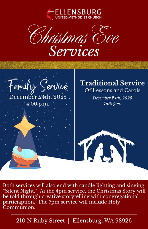 Christmas Eve Services at 4:00pm (Family Service) and 7:00pm (Traditional Service).  Both services will include candle lighting and singing 