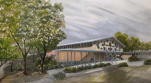 Drawing of church with stained glass windows.