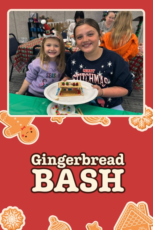 Gingerbread Bash - Two girls showing off their gingerbread house.