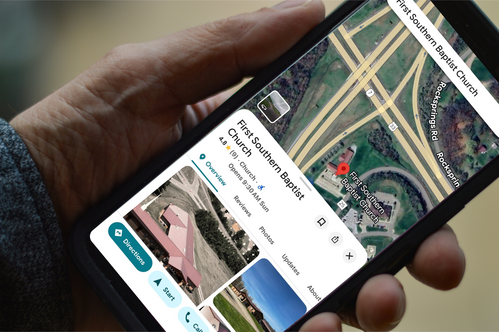 A Google Map on a phone pinpointing First Southern Baptist Church Pomeroy