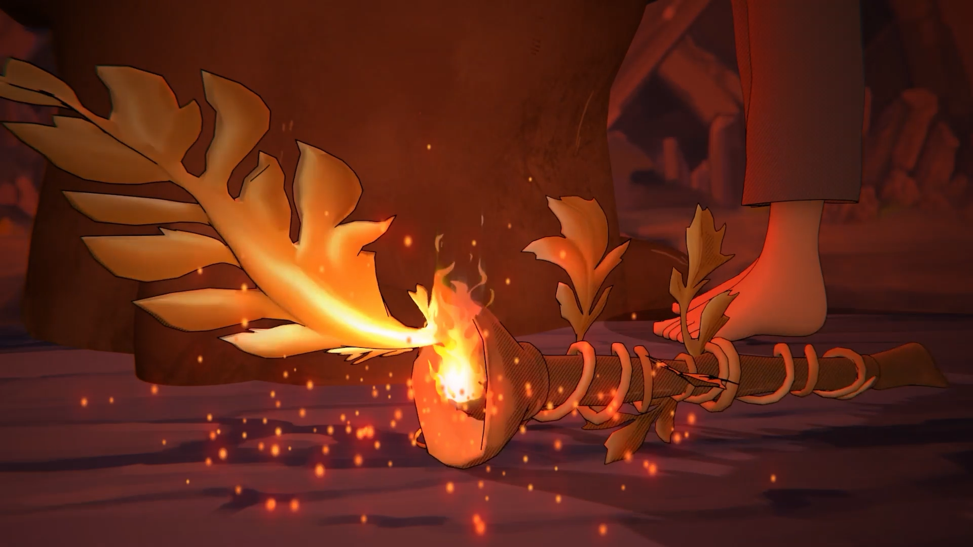 A character looks on in awe at a glowing red object.