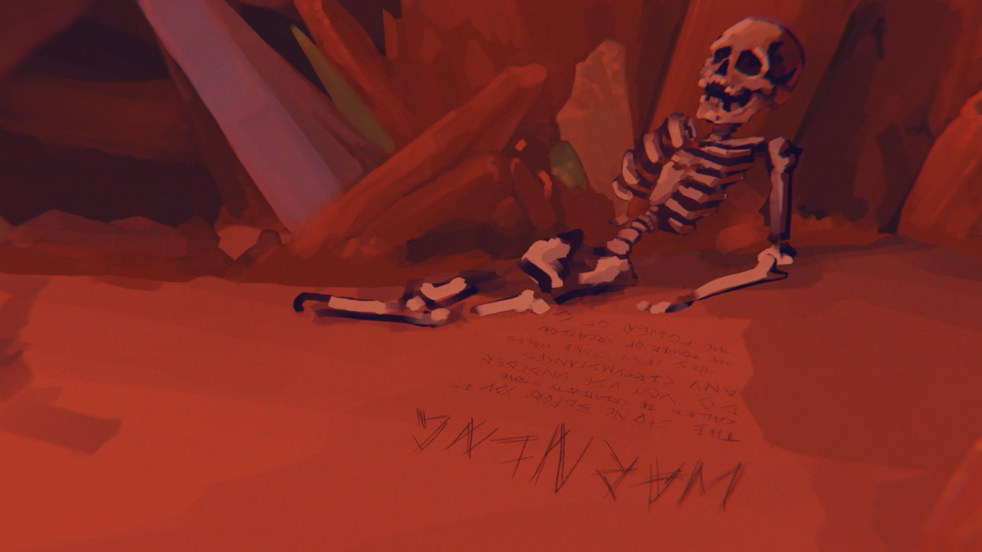 A warning etched in the ground before a skeleton.