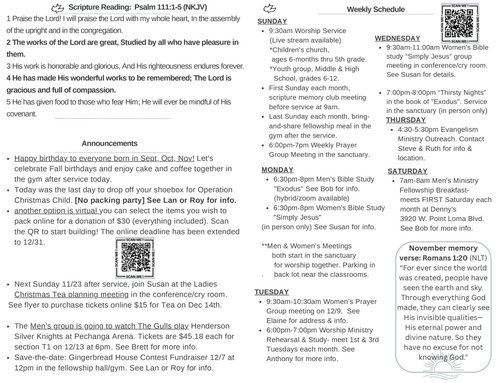 Scripture Reading, Announcements, weekly schedule