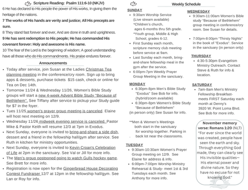 Scripture Reading, Announcements, weekly schedule