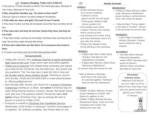 Scripture Reading, Announcements, weekly schedule