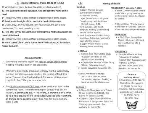 Scripture Reading, Announcements, weekly schedule