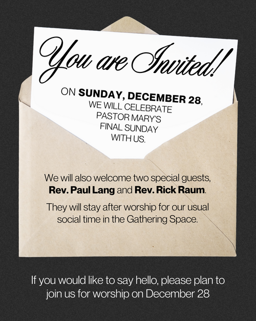 On Sunday, December 28, we will celebrate Pastor Mary&rsquo;s final Sunday with us.  We will also welcome two special guests, Rev. Paul Lang and Rev. Rick Raum. They will stay after worship for our usual social time in the Gathering Space.  If you would like to say hello, please plan to join us for worship on December 28.
