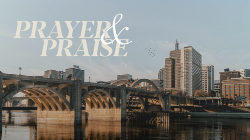 Two people sitting on a banister outside, hands folded in prayer. Graphic overlay with the words