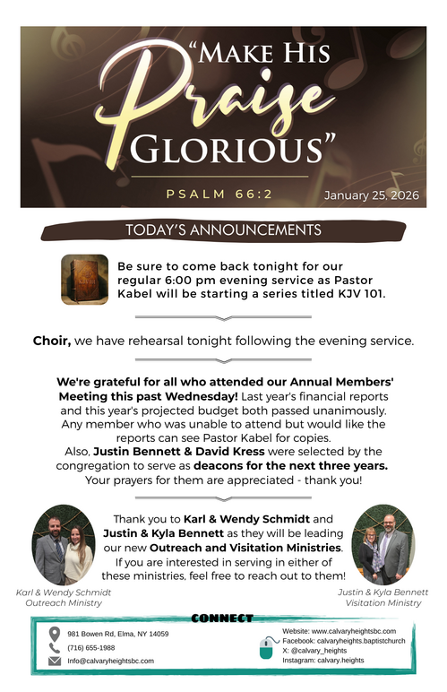 Weekly Bulletin for Calvary Heights Baptist Church