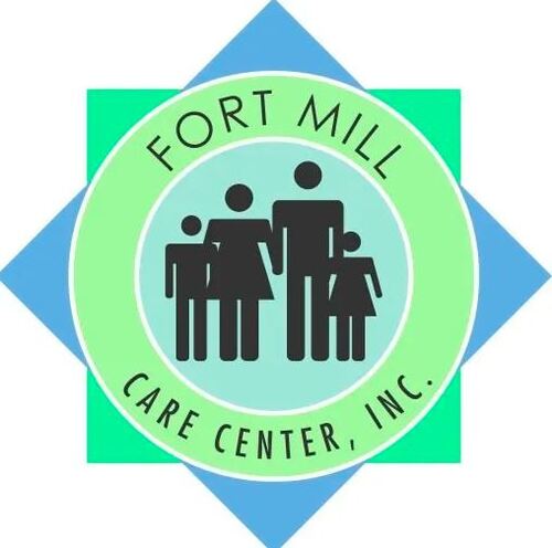 The Fort Mill Care Center’s logo shows the silhouette of a group of 2 adults and 2 children on a purple circle. Behind is a green square and blue diamond on top of each other    